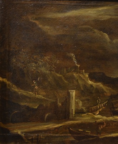 Tableaux et dessins Tableaux XVIIe siècle - Vue du port au clair de lune, Giovanni Grevenbroeck (1650 - 1699)