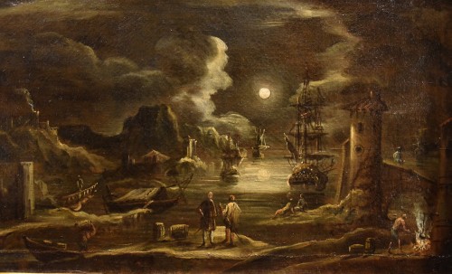 Antiquités - Vue du port au clair de lune, Giovanni Grevenbroeck (1650 - 1699)