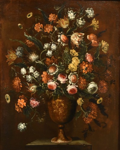 Tableaux et dessins Tableaux XVIIe siècle - Andrea Scacciati (1642-1710), Composition de fleurs dans un vase en relief (1 de 3)