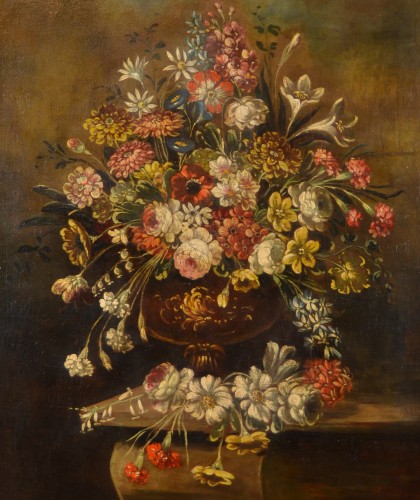 Nature morte avec vase de fleurs, école Italienne du XIXe Siècle - Tableaux et dessins Style Napoléon III