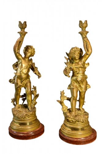 Pair Of Bronze Candlesticks, Ernest Rancoulet (bordeaux 1842 - 1905) Signat