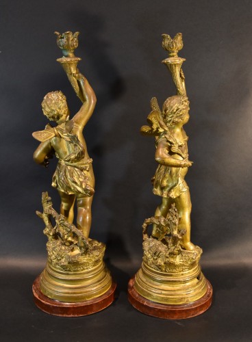 Antiquités - Pair Of Bronze Candlesticks, Ernest Rancoulet (bordeaux 1842 - 1905) Signat