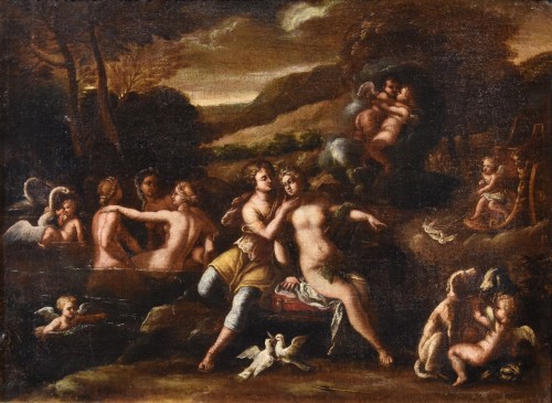 Idylle entre Vénus et Adonis, Atelier de Filippo Lauri ( 623 - 1694) - Tableaux et dessins Style Louis XIII