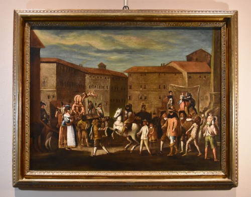 Scène de carnaval à Rome au XVIIe siècle, atelier de  Michelangelo Cerquozzi - Tableaux et dessins Style Louis XIII