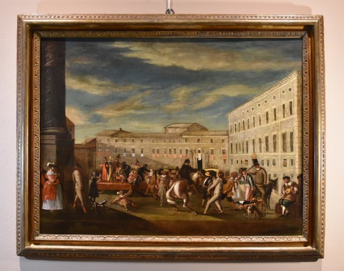 Carnaval à Rome sur la Piazza Colonna, école Romaine des Bamboccianti (XVIIe Siècle) - Tableaux et dessins Style Louis XIII