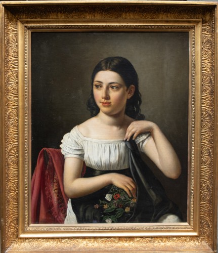 Portrait de jeune fille aux fleurs des champs et châle, École française fin des années 1820