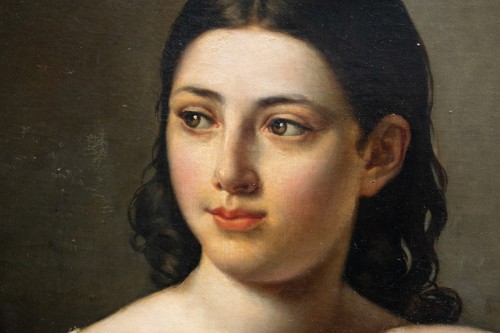 Portrait de jeune fille aux fleurs des champs et châle, École française fin des années 1820 - Antichità di Alina