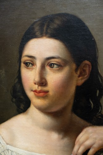 Antiquités - Portrait de jeune fille aux fleurs des champs et châle, École française fin des années 1820