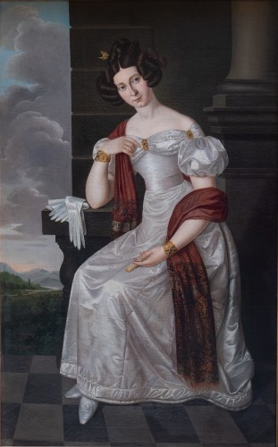 Antiquités - Portrait of a Noble Lady in a Silk Dress, with Bamberg Seal. German School circa 1820