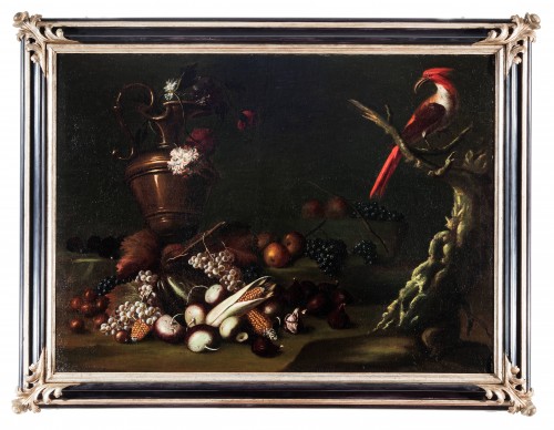 Carlo Antonio Crespi (1712 - 1781) - Nature morte aux fruits, une amphore et un perroquet
