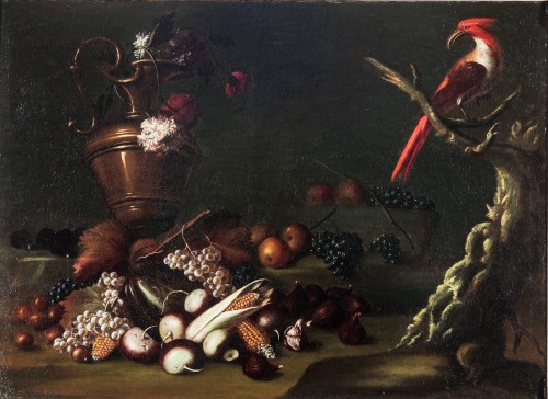 Carlo Antonio Crespi (1712 - 1781) - Nature morte aux fruits, une amphore et un perroquet - Tableaux et dessins Style 