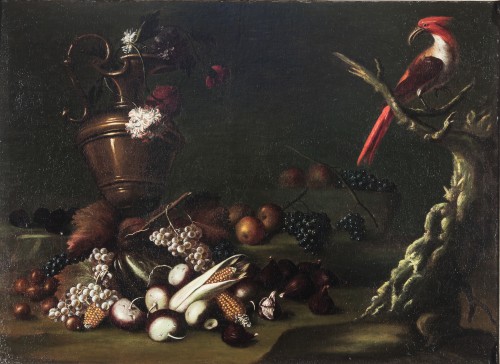 Carlo Antonio Crespi (1712 - 1781)- Still life with fruit, an amphora and a parrot - 