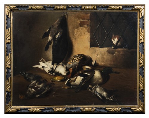 Interior of pantry with feathered game and cat