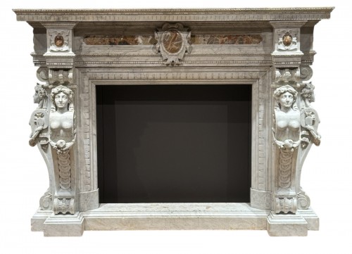 Fireplace carved in white marble and breccia inserts, second half of the 19