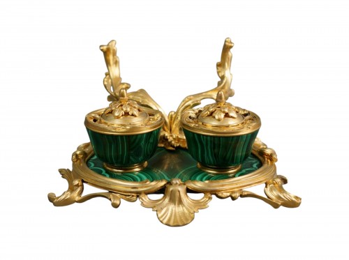 19th French Napoleon III Malachite And Gilt Bronze Inkwell By Maison Millet