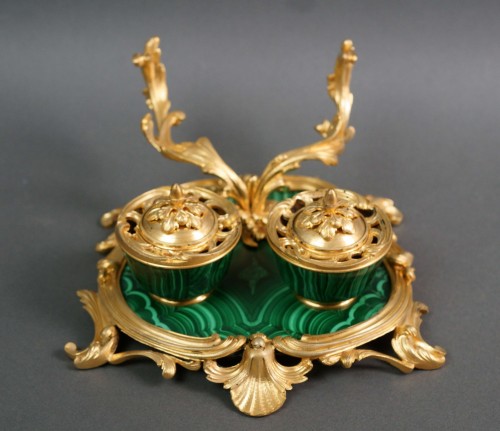 19th French Napoleon III Malachite And Gilt Bronze Inkwell By Maison Millet - Decorative Objects Style Napoléon III