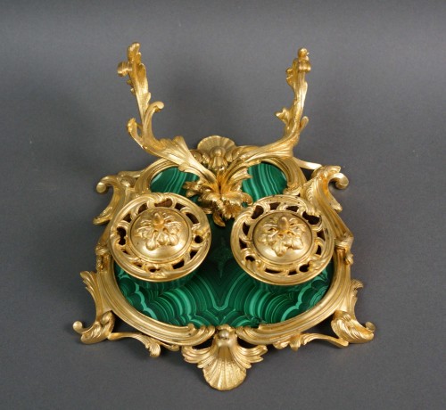 19th French Napoleon III Malachite And Gilt Bronze Inkwell By Maison Millet - 