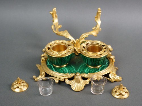 19th century - 19th French Napoleon III Malachite And Gilt Bronze Inkwell By Maison Millet