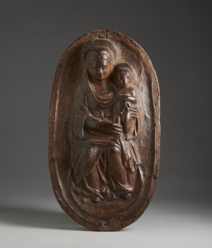 Madonna with Child -  Leather relief  - Religious Antiques Style 