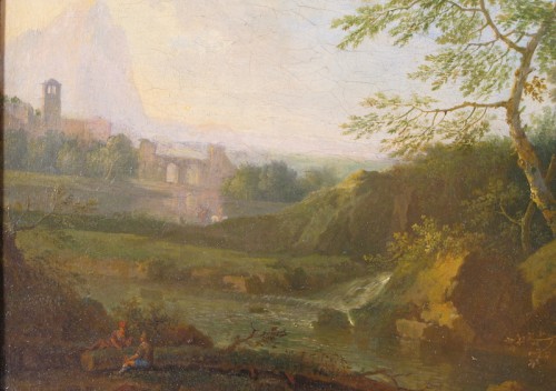 18th century -  Landscape of the Roman countryside with architecture and cha