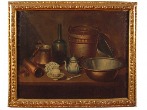 Still life with copper crockery, bottle and majolica