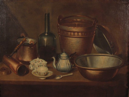 Still life with copper crockery, bottle and majolica - Paintings & Drawings Style 