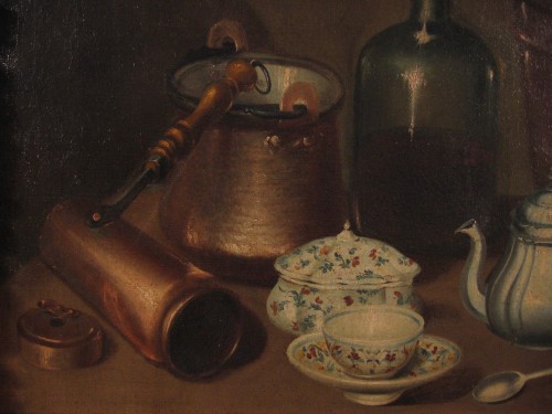 Still life with copper crockery, bottle and majolica - 