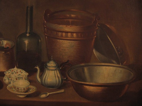 18th century - Still life with copper crockery, bottle and majolica