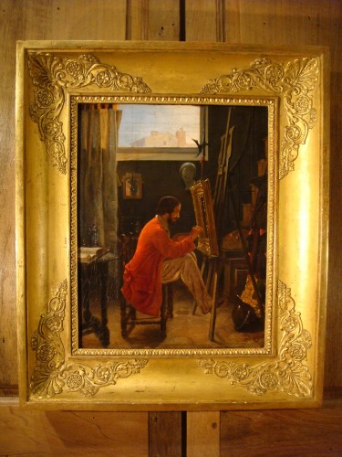 Homme dans un intérieur, milieu XIXe - Tableaux et dessins Style Restauration - Charles X