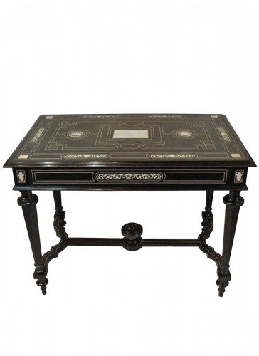 Table desk in ebony veneer, blackened pearwood and ivory inlay