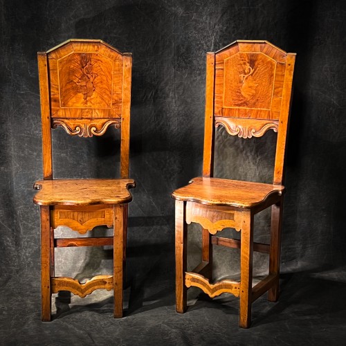 Seating  - Pair Of Italian Chairs XVIIth Walnut And Marquetry 