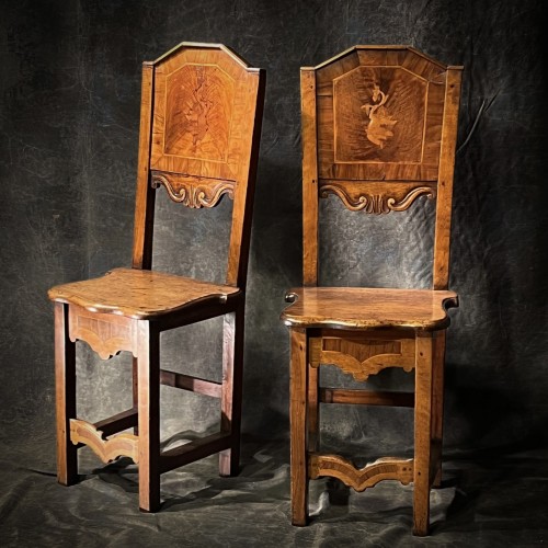 Louis XIV - Pair Of Italian Chairs XVIIth Walnut And Marquetry 