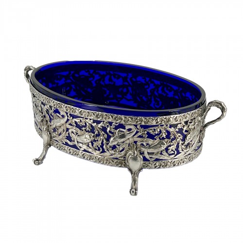 Large 19th century silver and blue crystal centerpiece bowl