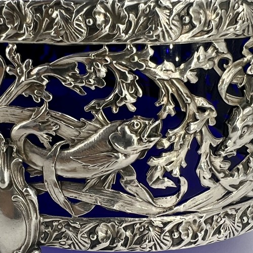 Grande coupe centre de table argent et cristal bleu du XIXe siècle - Argenterie et Arts de la table Style Art nouveau