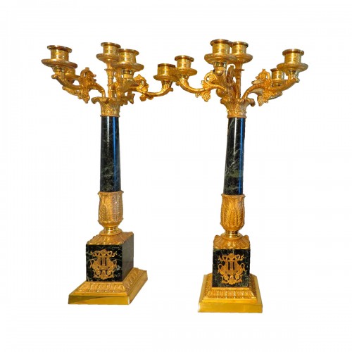 Pair of Candelabra golden Bronze and marble Empire period 67cm