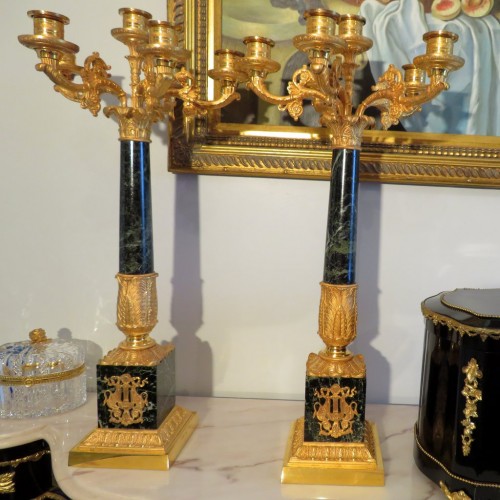 Antiquités - Pair of Candelabra golden Bronze and marble Empire period 67cm