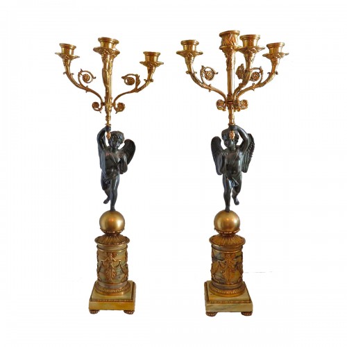 Paire de candélabres en bronze et onyx époque Empire