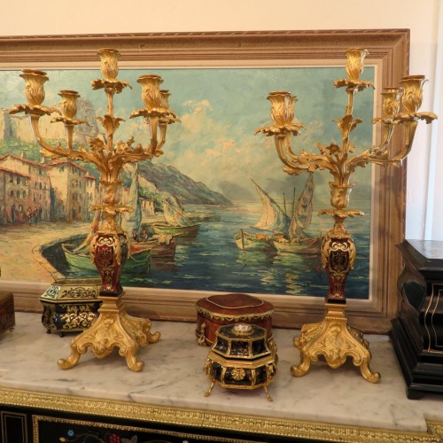 Pair of Candelabra golden Bronze and Boulle marquetry in Napoléon III perio - Lighting Style Napoléon III