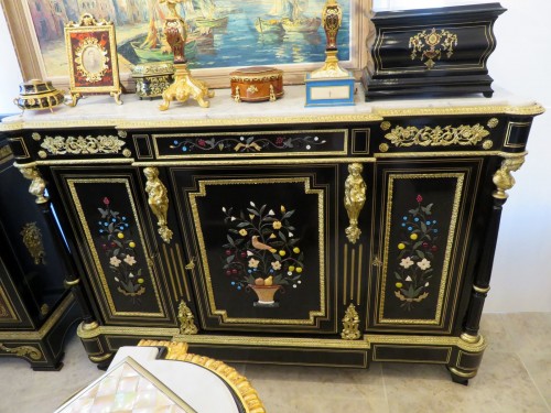 Stamped S. COCHARD - Credenza Cabinet 3 doors with Pietra Dura marquetry 19th - Furniture Style Napoléon III