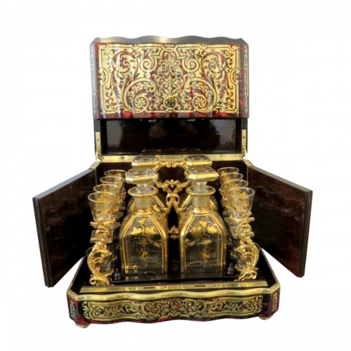 Tantalus Box in Boulle marquetry Napoleon III period 19th GOLDEN crystal 