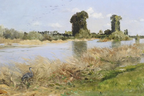Tableaux et dessins Tableaux XIXe siècle - Edmond Yon (1841-1897) Grand bord de rivière aux oiseaux