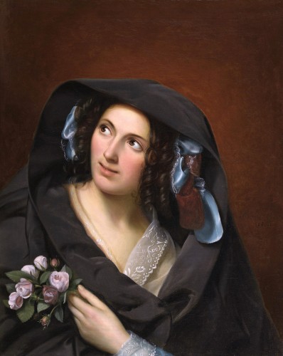 Adèle Kindt (1799-1893) Portrait de jeune femme au bouquet de roses
