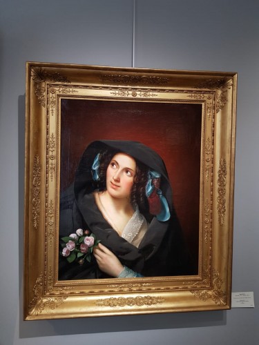 Adèle Kindt (1799-1893) Portrait de jeune femme au bouquet de roses - Tableaux et dessins Style Louis-Philippe