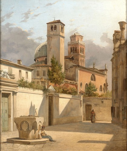 Venise, Saint Roch et le campanile des Frari, attribué à  à Frans Vervloet (1795-1872)