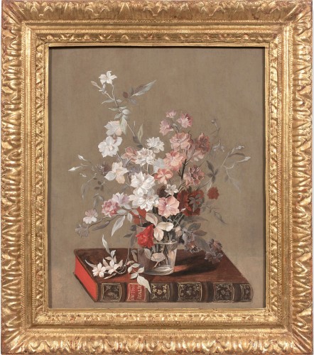 Fleurs dans un verre, posé sur un livre, attribué à Jean-Louis PREVOST (1745-1827)