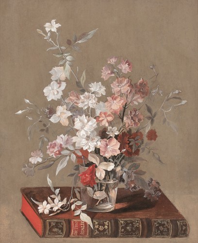 Fleurs dans un verre, posé sur un livre; attribué à Jean-Louis PREVOST (1745-1827) - Tableaux et dessins Style Louis XVI