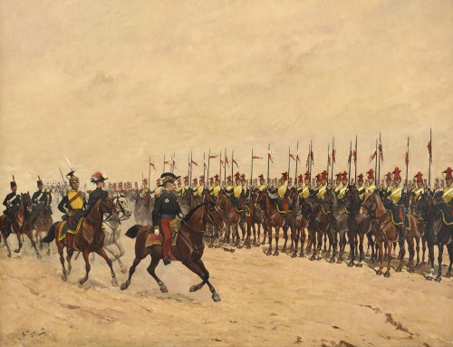 Georges Hyon (1840-1913) Revue de cavalerie du 2ème régiment de Lanciers - Tableaux et dessins Style Napoléon III