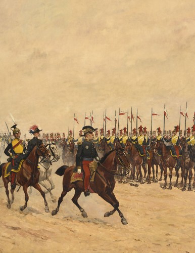 Tableaux et dessins Tableaux XIXe siècle - Georges Hyon (1840-1913) Revue de cavalerie du 2ème régiment de Lanciers