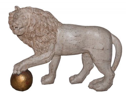 Antiquités - Grande paire de lions en bois Italie fin du XIXe siècle
