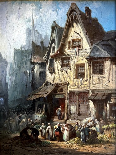 Jour de marché animé en Normandie - Léonard saurfelt (1840-1890).